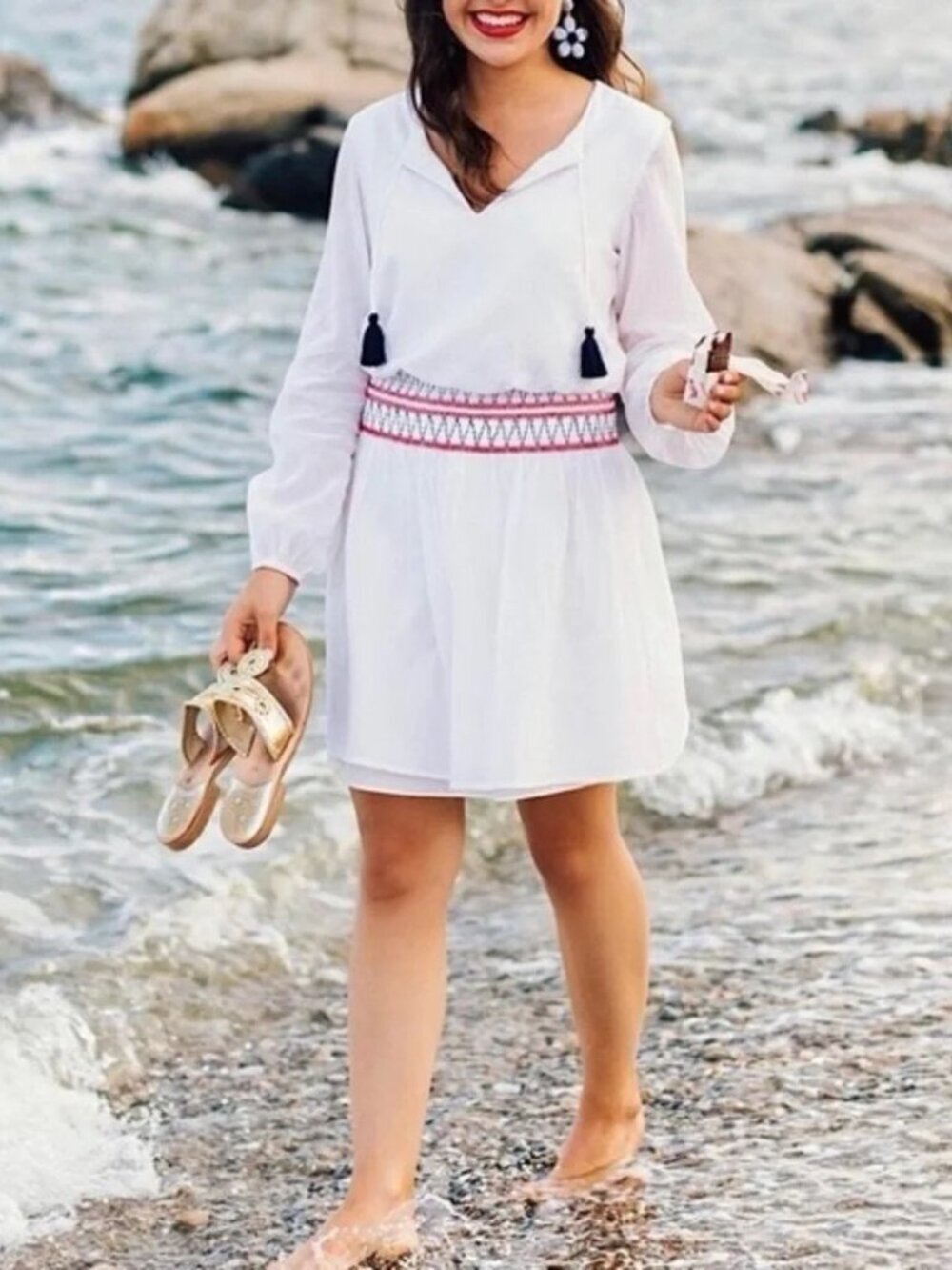 Sail to Sable White Boho Tassel Dress | Smocked Waist Long Sleeve Mini - Picture 1 of 10